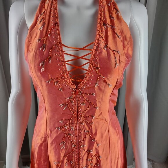 Jessica McClintock Gunne Sax Orange Halter Back, A Line Dress Size 3 Juniors. - Picture 3 of 11